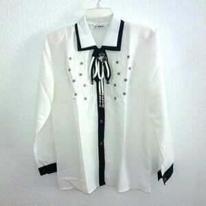 Yimein, White/blue long sleeve shirt, with crystals/beads design, embroidery,